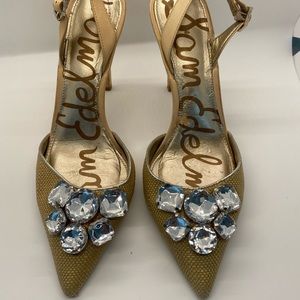 Sam Edelman Linen Crystal Rhinestone strap pumps 4.5” Heels 8.5